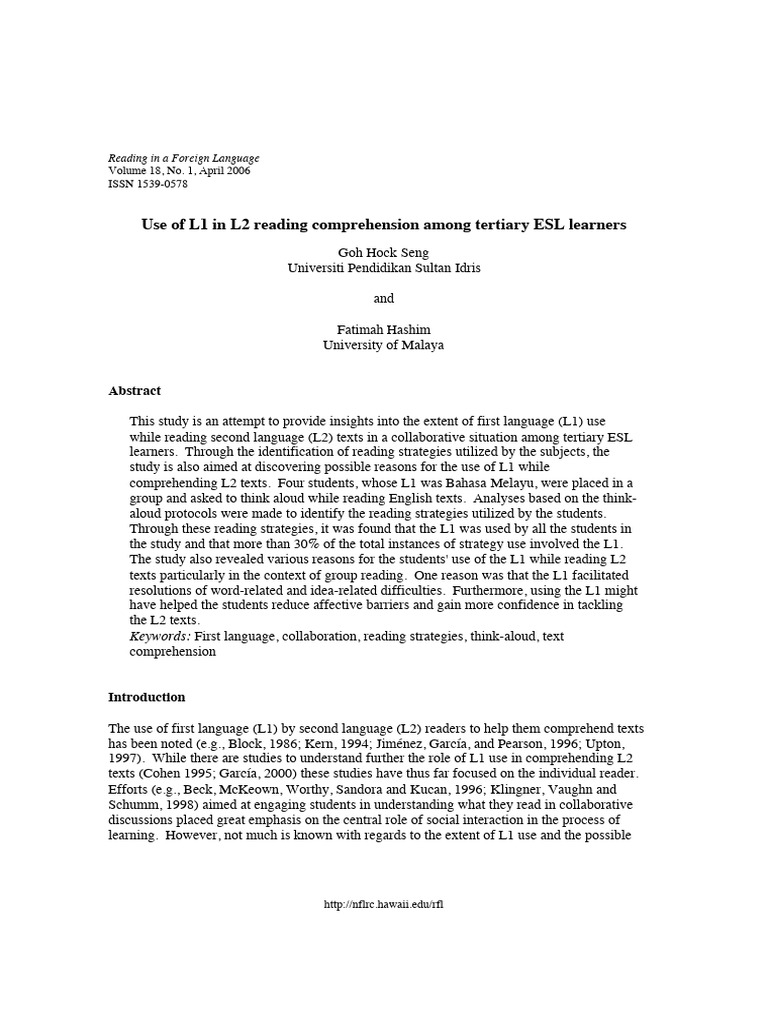 Use of L1 in L2 Reading Comprehension Among Tertiary ESL Learners | PDF