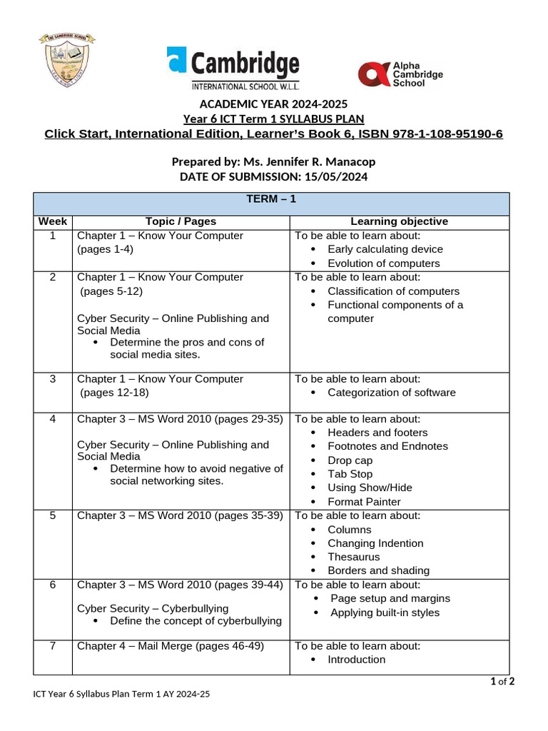 Year 6 ICT Term 1 Syllabus Plan | PDF | Microsoft Word | Microsoft ...