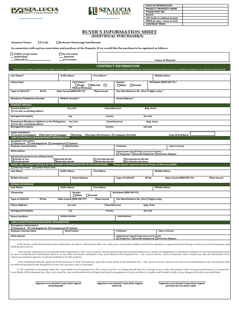 Buyer's Information Sheet (Individual Purchaser - S) | PDF