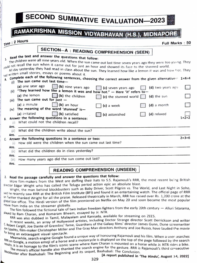 Ramakrishna Mission Homework Class 9 | PDF