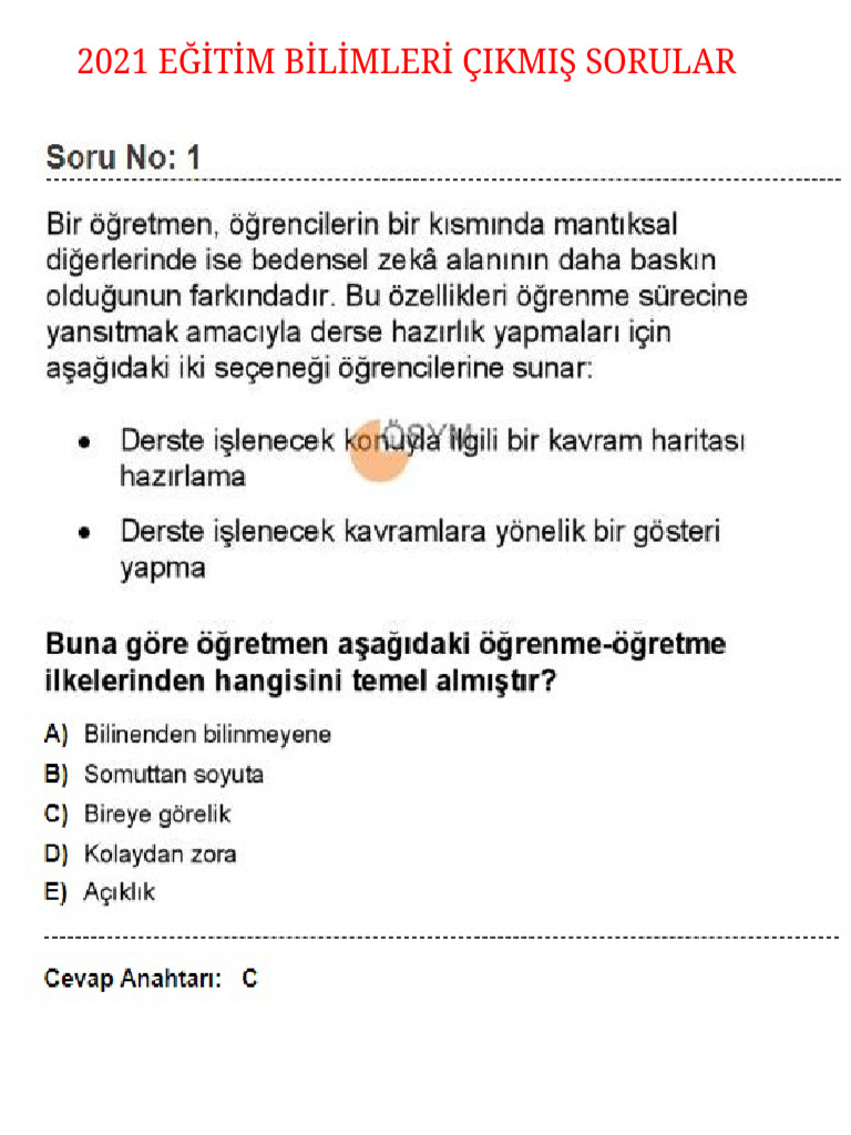 2021 Eğitim Bilimleri Çıkmış Sorular | PDF