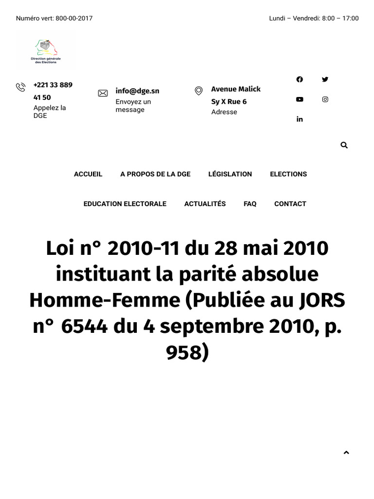 Loi n 2010 11 du 28 mai 2010 instituant la parit absolue homme femme