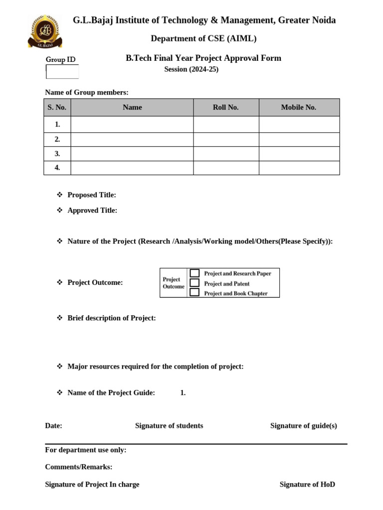 B.Tech Project Approval Form 2024-25 | PDF
