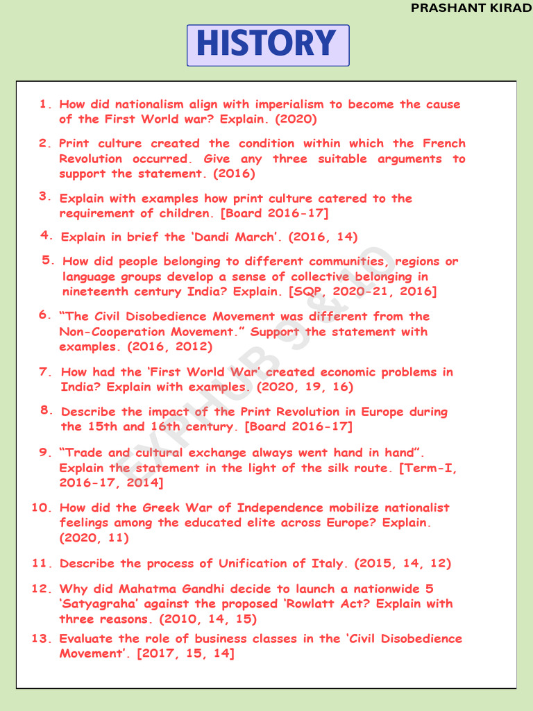 HISTORY Most Important Questions (Prashant Kirad) | PDF