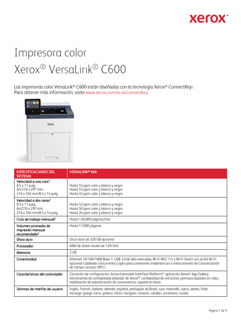Especificaciones - VersaLink C600 | PDF
