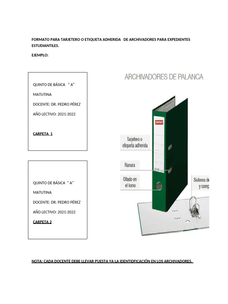 Formato para Tarjetero o Etiqueta Adherida de Archivadores para