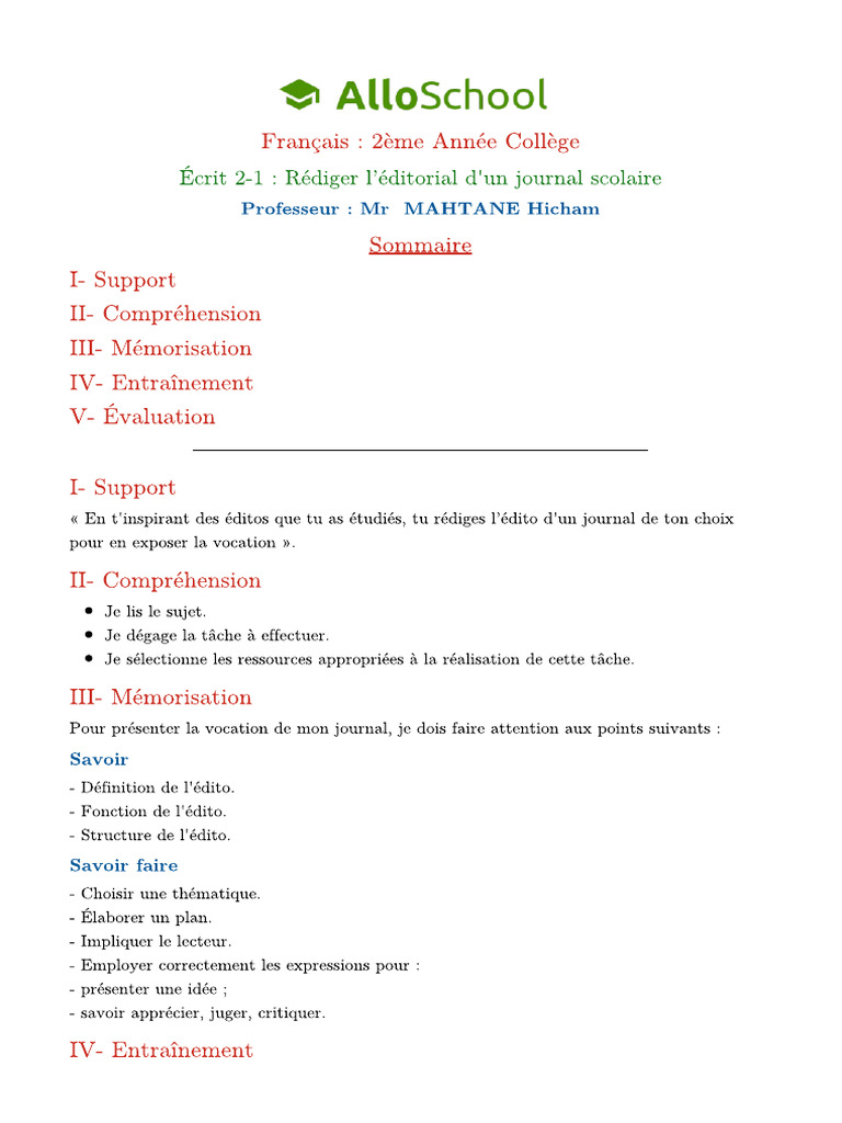 Ecrit 2 1 Rediger L Editorial D Un Journal Scolaire 2 | PDF