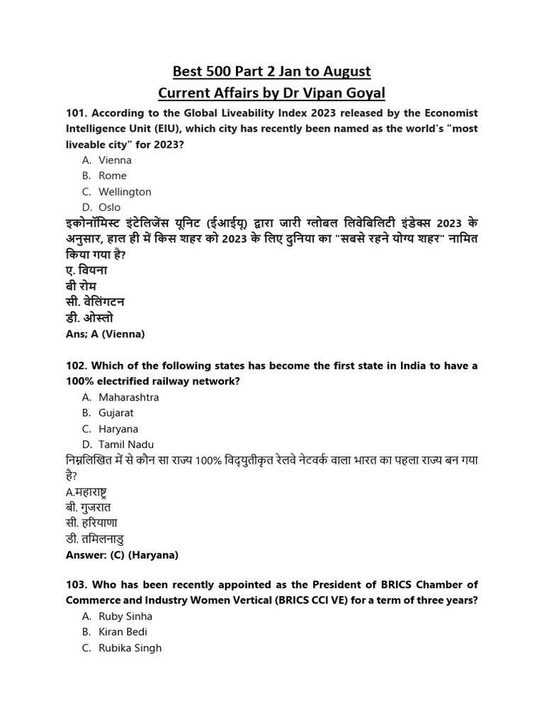Best 500 Current Affairs Part 2 Jan To Aug | PDF