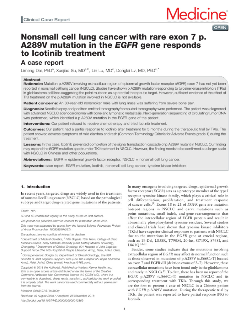Nonsmall Cell Lung Cancer With Rare Exon 7 P. A289V Mutation | PDF ...