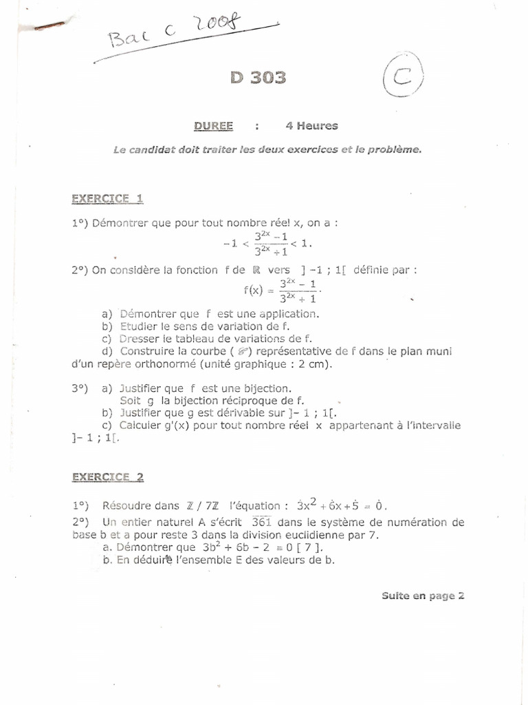 Bac Seiire C 2008 Benin Maths | PDF