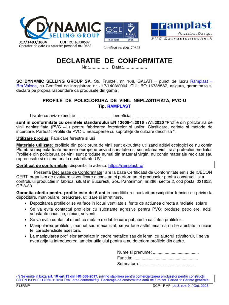 Ramplast PVC-U Profile Compliance Declaration | PDF | Technology ...