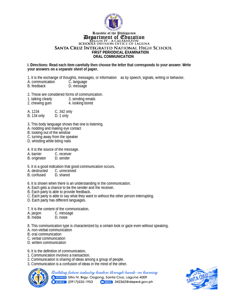 Grade 11 Oral Communication Exam Key | PDF | Communication | Nonverbal ...