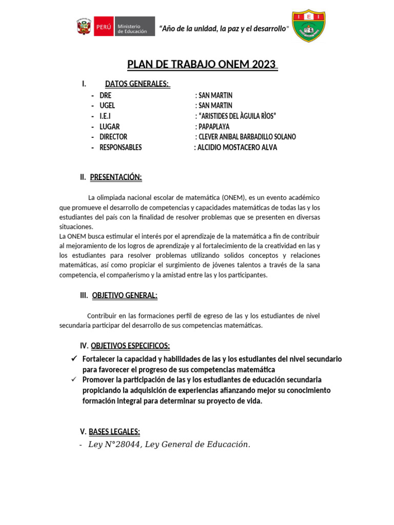 Plan de Trabajo Onem 2023 | PDF | Educación primaria | Educación de la ...