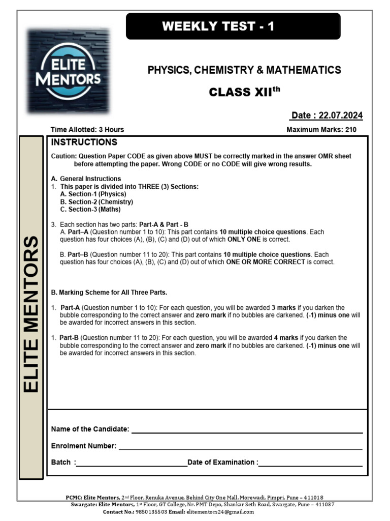 Weekly Test 12th Paper | PDF