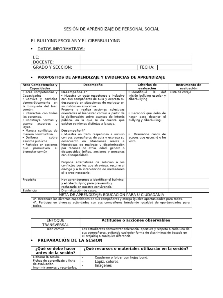 Sesión de Aprendizaje de Personal Social | PDF