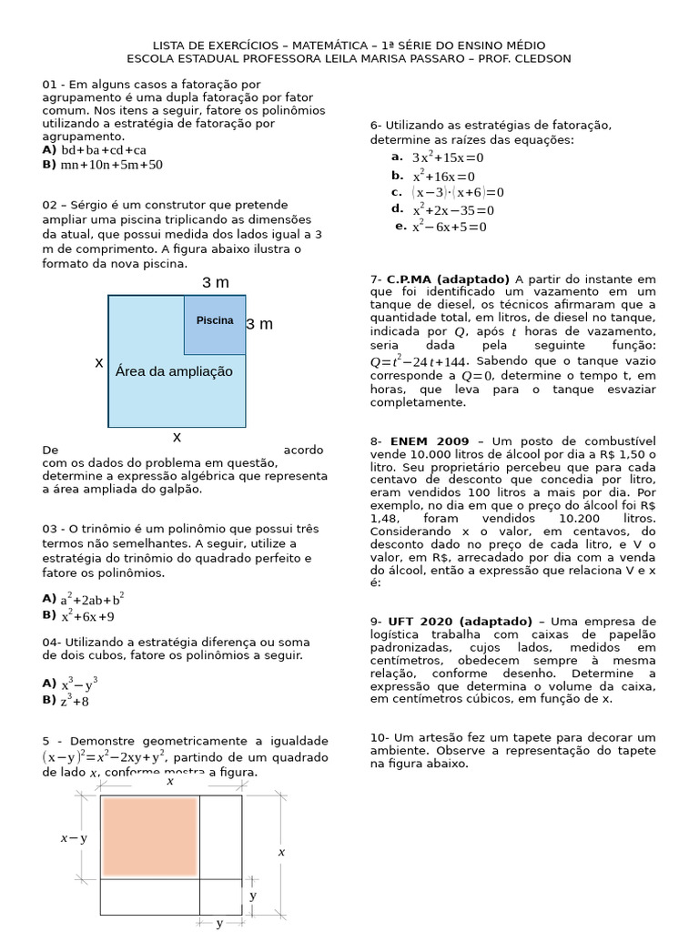Lista de Exercícios 1ºa - Mat | PDF