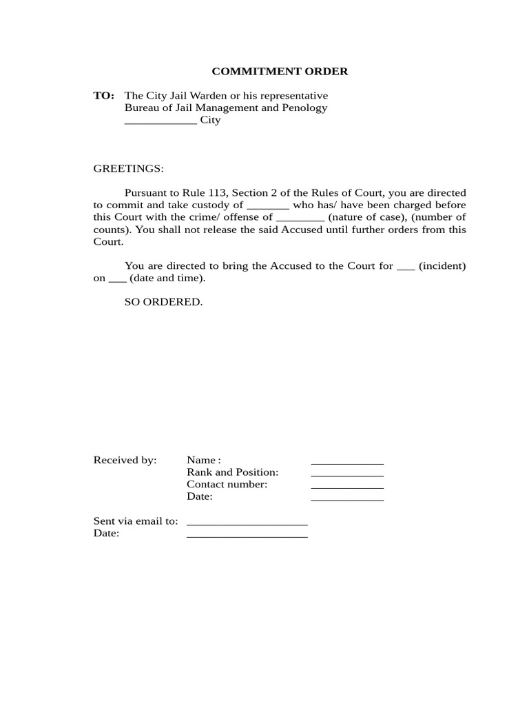 Commitment Order Template for Jail | PDF