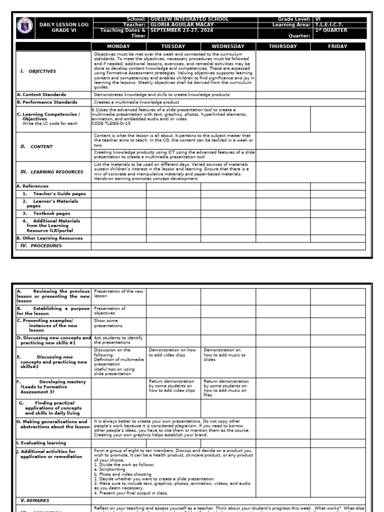 DLL TLE 6 ICT Sept 23-27, 2024 | PDF