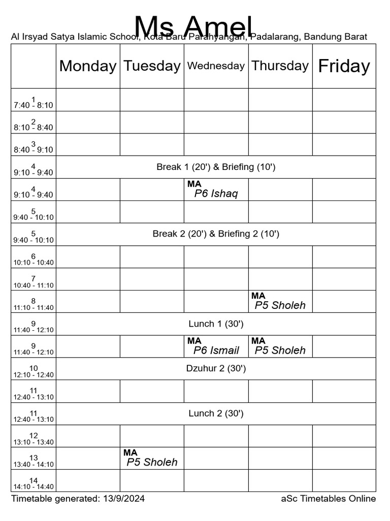Weekly Timetable for Al Irsyad School | PDF | Islamic Belief And Doctrine