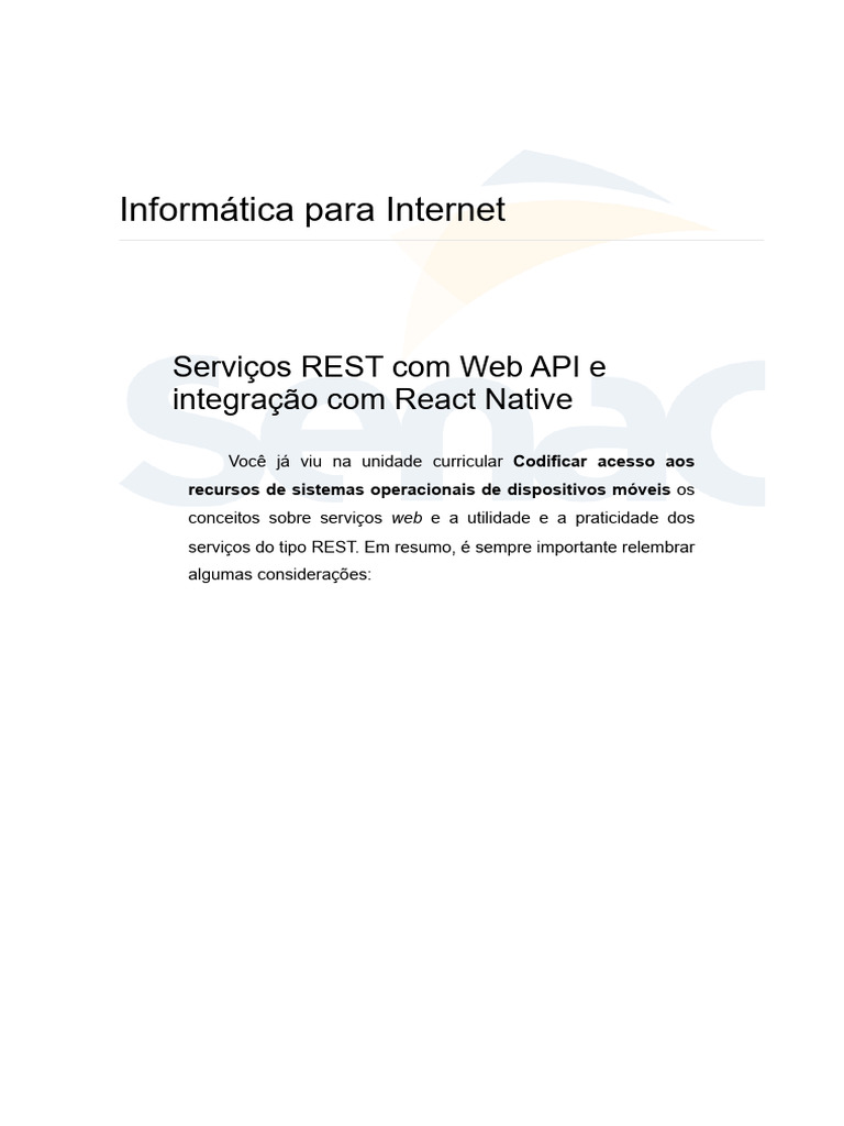 Serviços Rest Com Web Api e Integração Com React Native | PDF