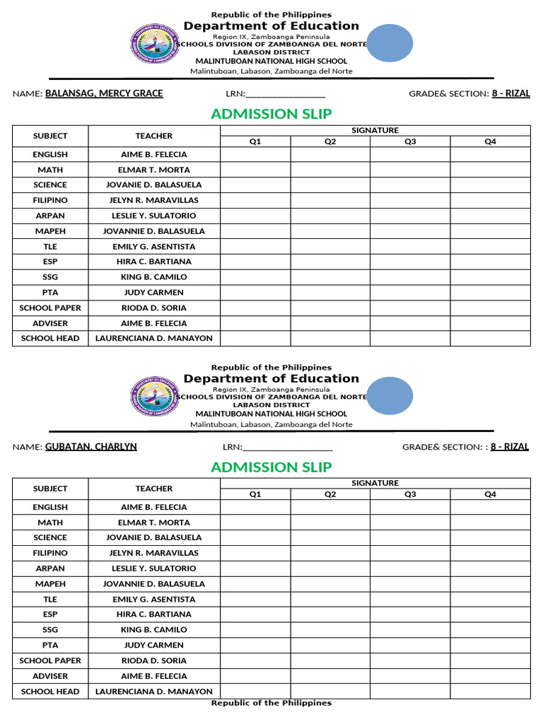 JHS Admission Slip | PDF