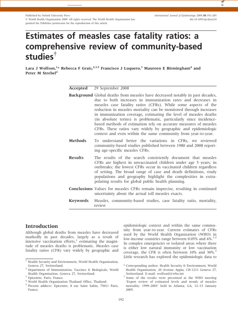 Estimates of Measles Case Fatality Ratios: A Comprehensive Review of ...