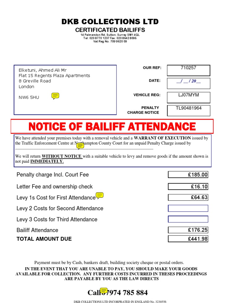 Bailiff Notice for Unpaid Penalty Charge | PDF | Cheque | Taxes
