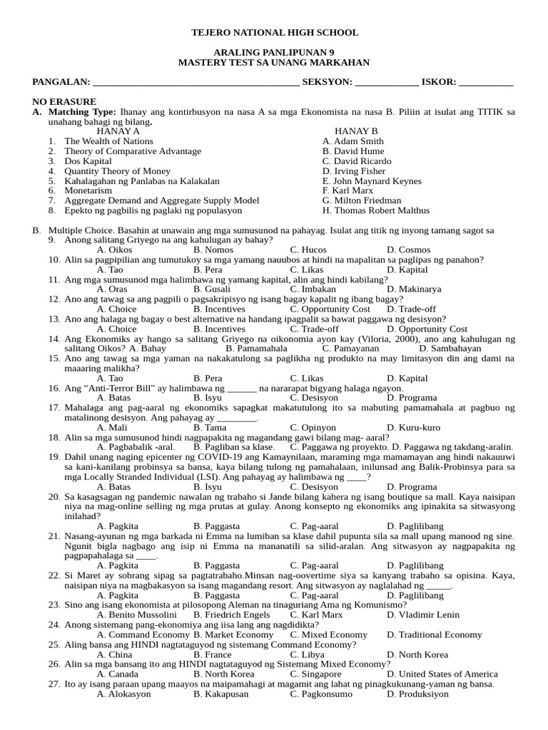 Mastery Test on Supply and Demand | PDF | Macroeconomics | Finance ...