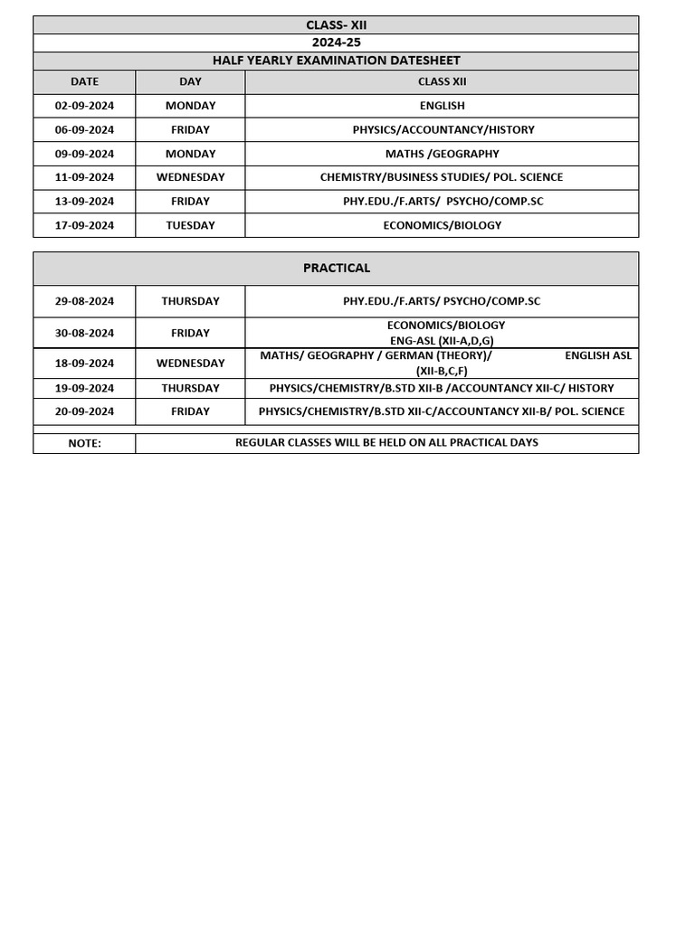 Class Xii Half Yearly Examination Datesheet 2024-25 | PDF | Foreign ...