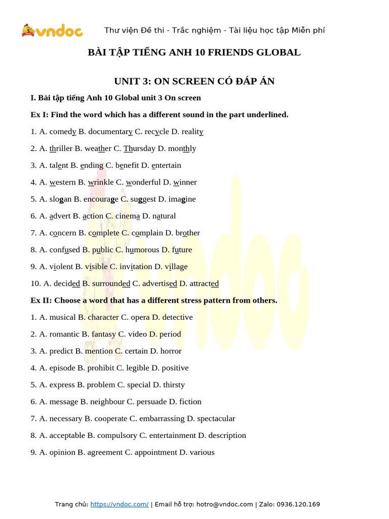 Bai Tap Tieng Anh Lop 10 Unit 3 On Screen Friends Global | PDF