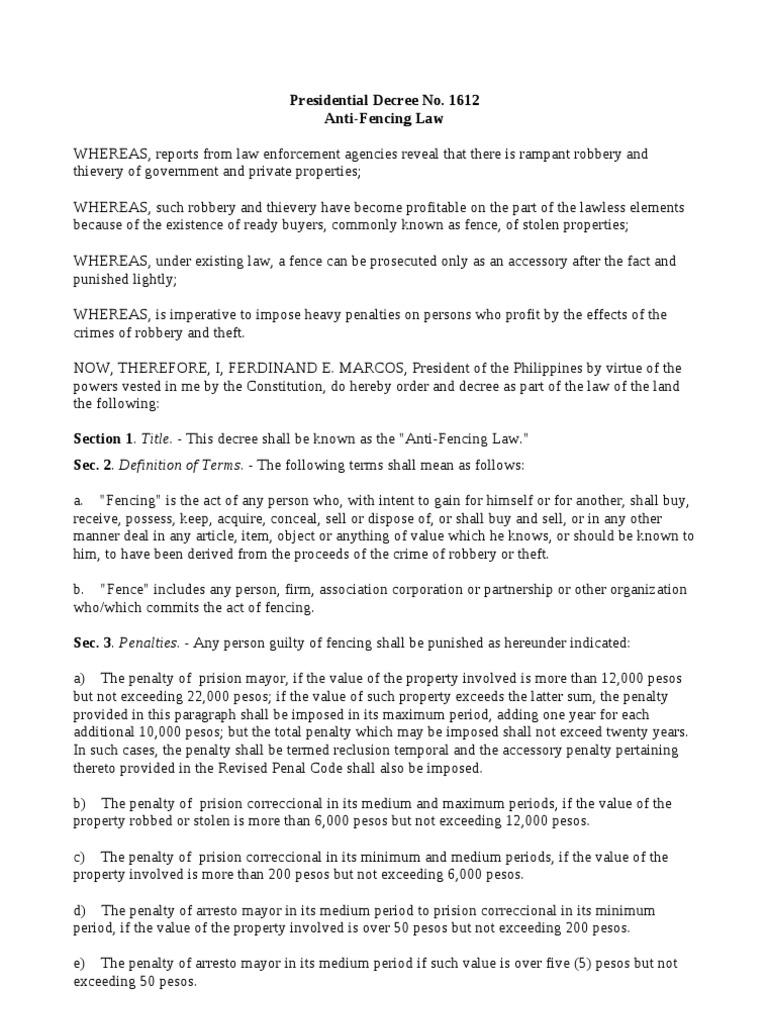AntiFencing Law PD 1612 Theft Robbery