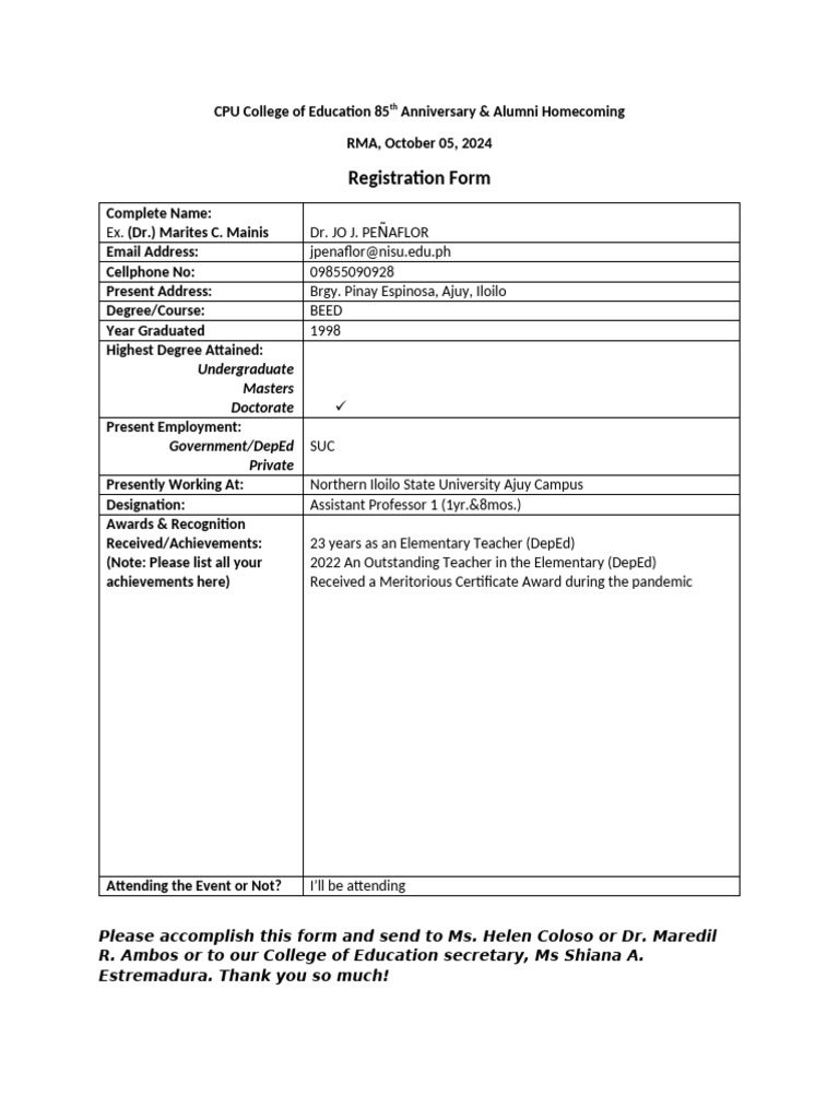 Registration Form CPU College of Education 85th Anniversary | PDF