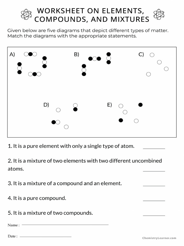 Worksheet On Elements Compounds and Mixtures | PDF