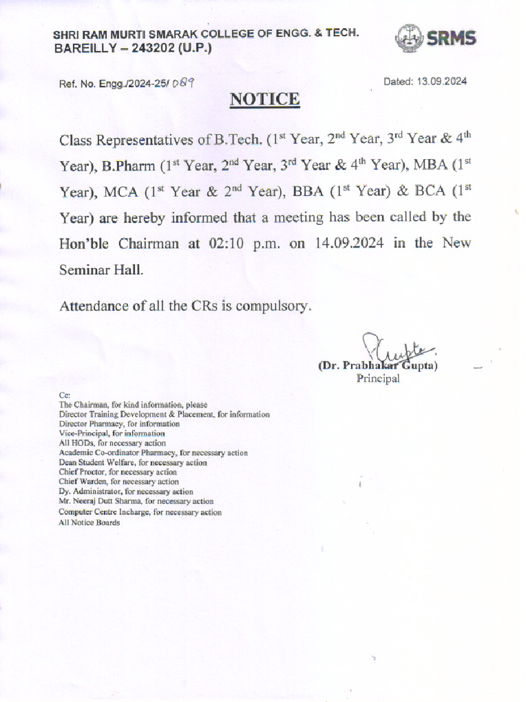Notice For CRs Meeting With Chairman Sir | PDF