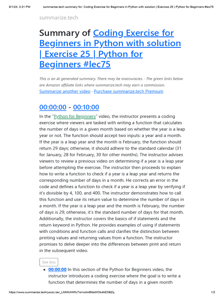 Summarize - Tech Summary For - Coding Exercise For Beginners in Python ...
