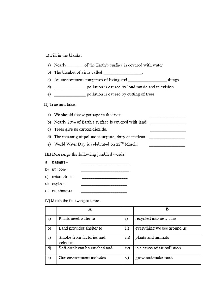 OUR ENVIRONMENT REVISION WORKSHEET Class 3 | PDF