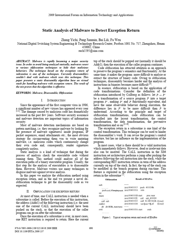 Static Analysis of Malware To Detect Exception Return | PDF