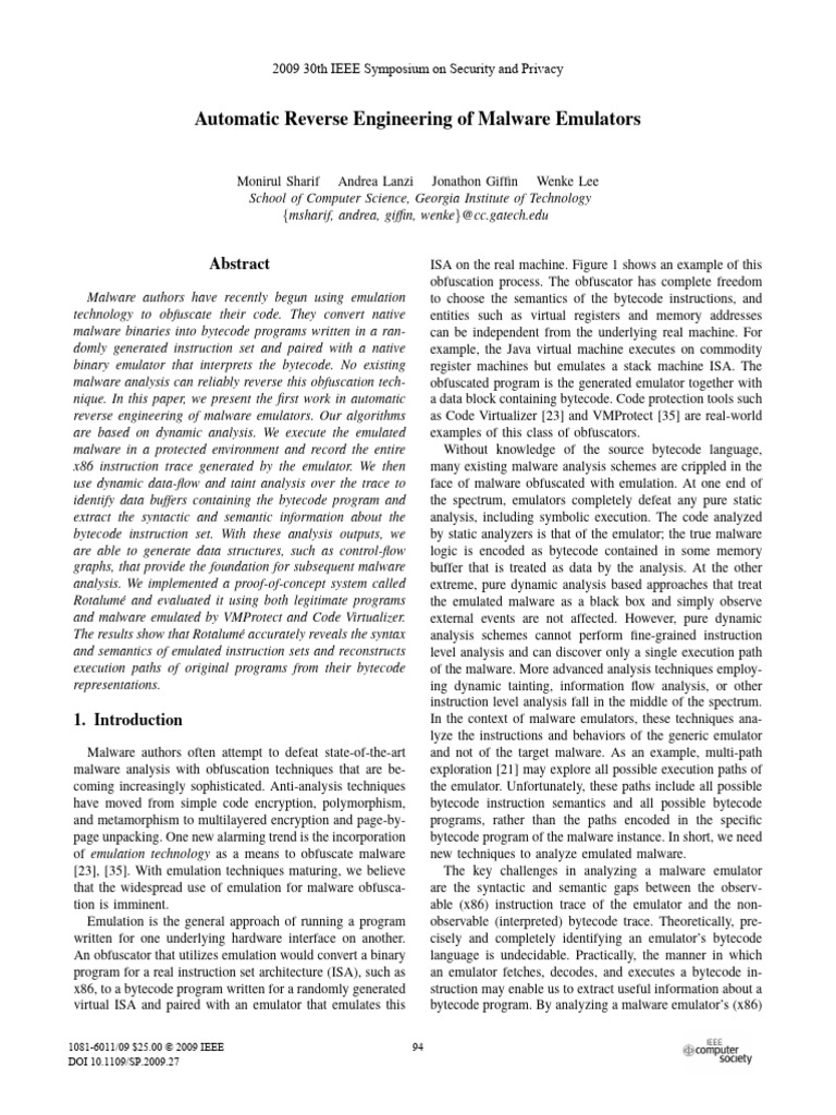 Automatic Reverse Engineering of Malware Emulators | PDF