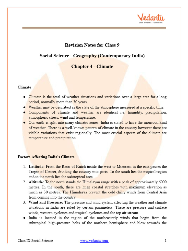 Social Science Geography Chapter 4 Climate Class 9 Notes PDF PDF
