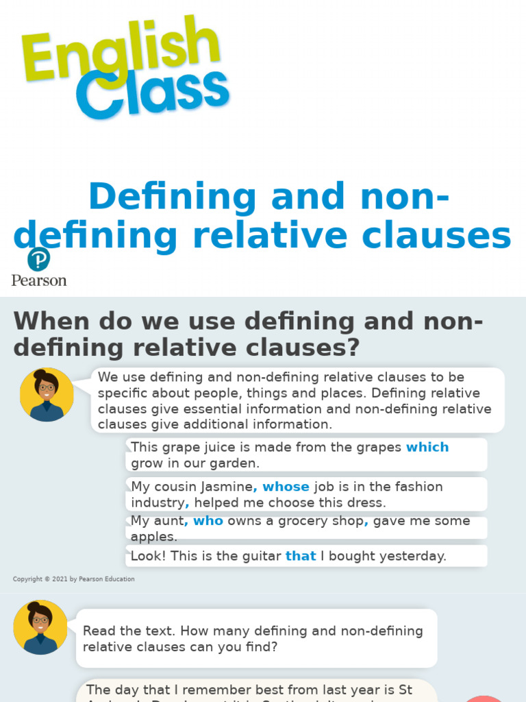 ENGLISH CLASS Defining and Non-Defining Relative Clauses | PDF