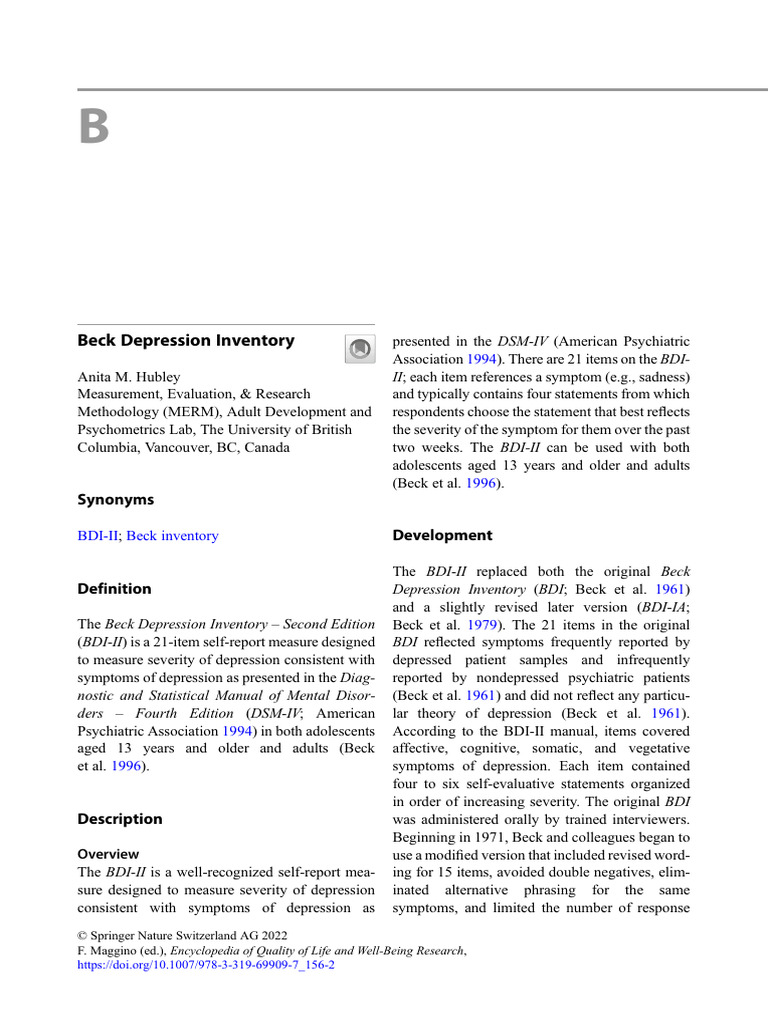 Beck Depression Inventory: DSM IV Bdi-II | PDF