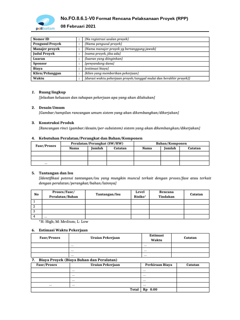 No FO 8 6 1 V0 Format Rencana Pelaksanaan Proyek RPP | PDF
