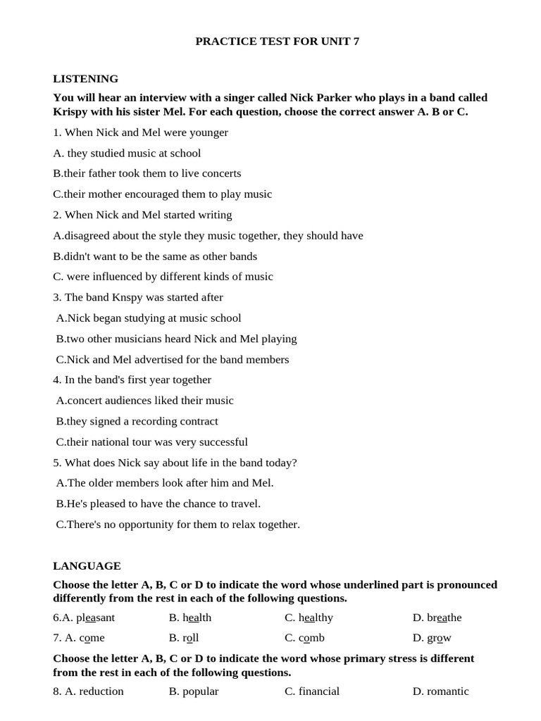 Practice Test For Unit 7 Pdf