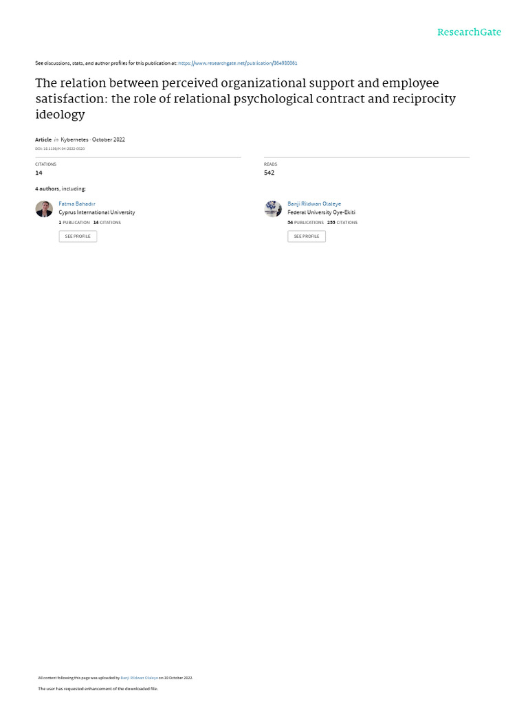 The Relation Between Perceived Organizational Support and Employee ...
