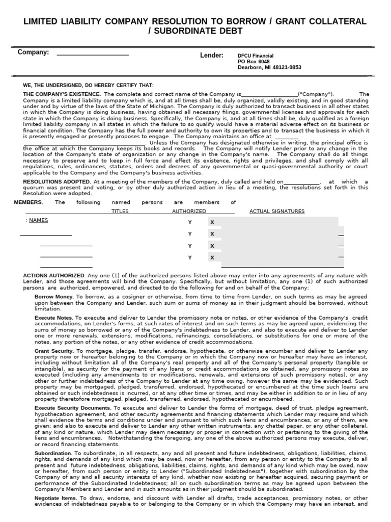 LLC Resolution To Borrow Grant Collateral Subordinate Debt 20150911 ...