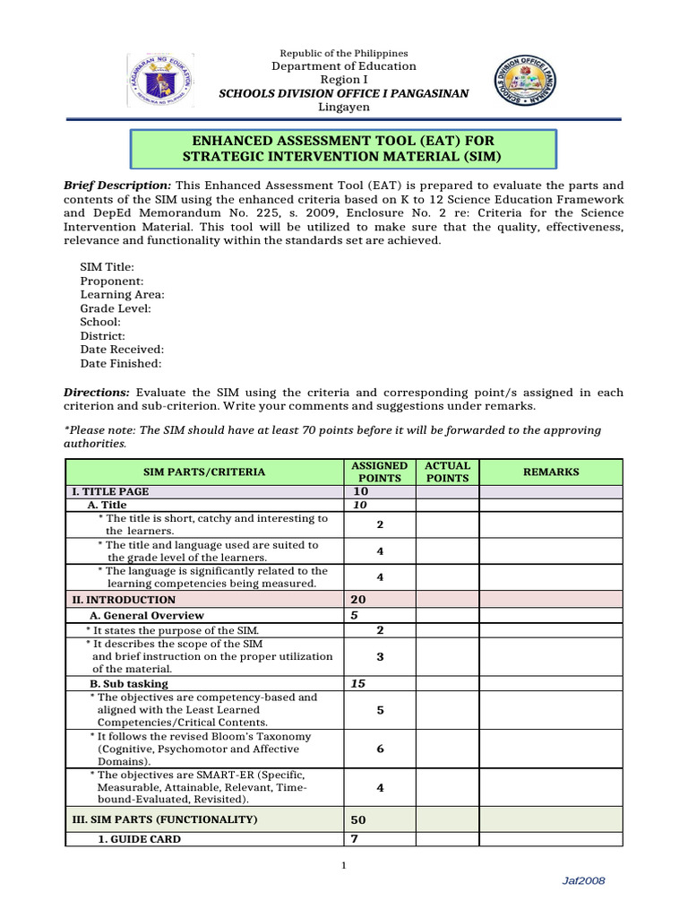 B. Enhanced Assessment Tool EAT For SIM | PDF