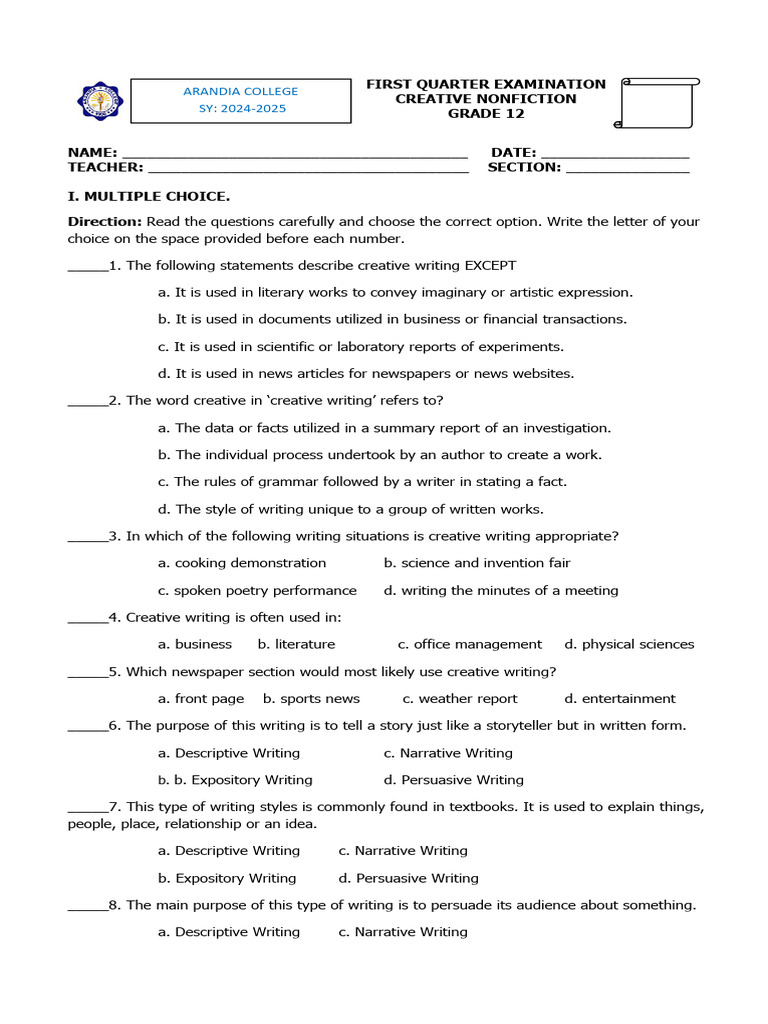 Grade 12 Creative Nonfiction Exam Guide | PDF | Poetry | Narrative