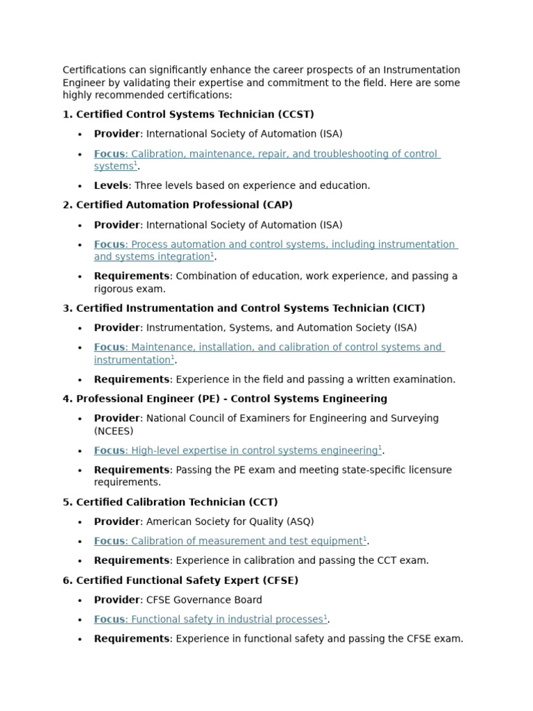 Certifications Recommended For Instrumentation Engineer | PDF