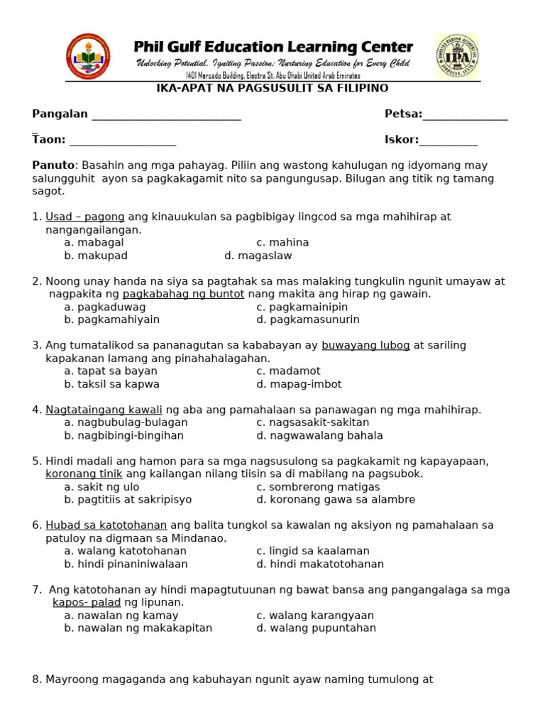 Ika-apat na Pagsusulit sa Filipino | PDF | Social Science | Foreign ...