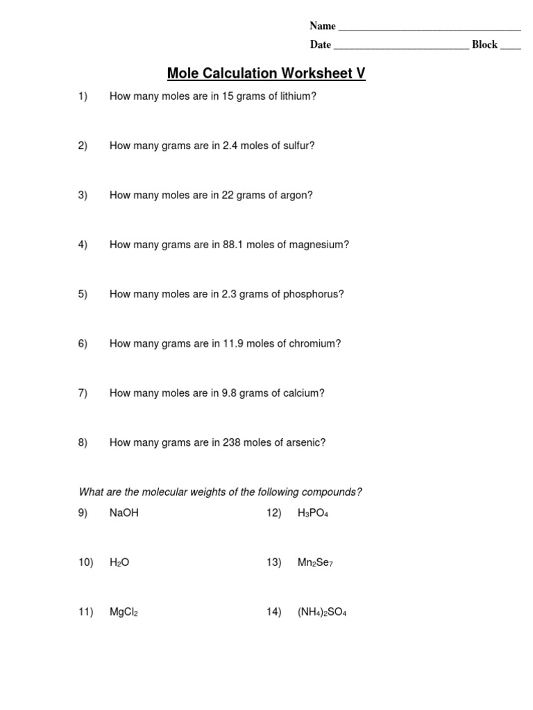 6 - Mole Worksheet V | PDF
